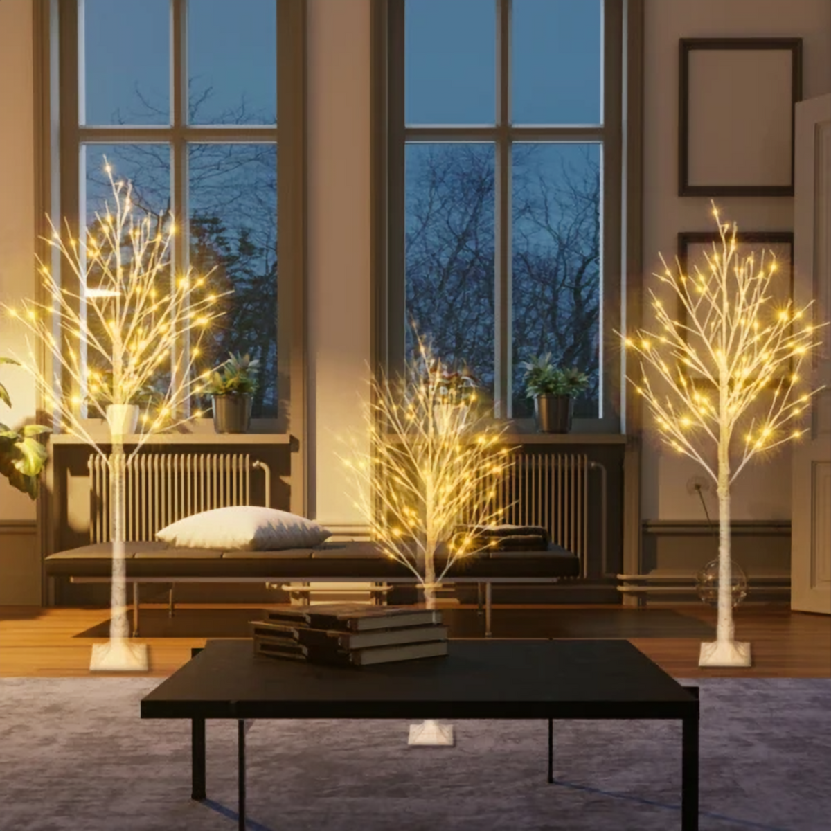 Pre-lit white twig Christmas tree in a living room – The Merry Den