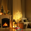 6ft pre-lit white twig Christmas tree glowing beside a fireplace – The Merry Den